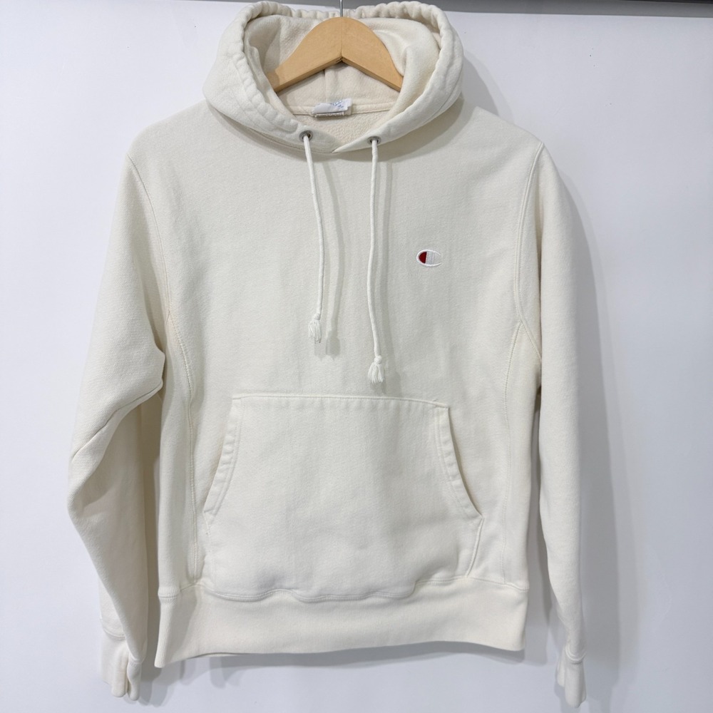 Vintage Champion Reverse Weave Hoodie‎ Sweatshirt Pullover Mens Small Cream